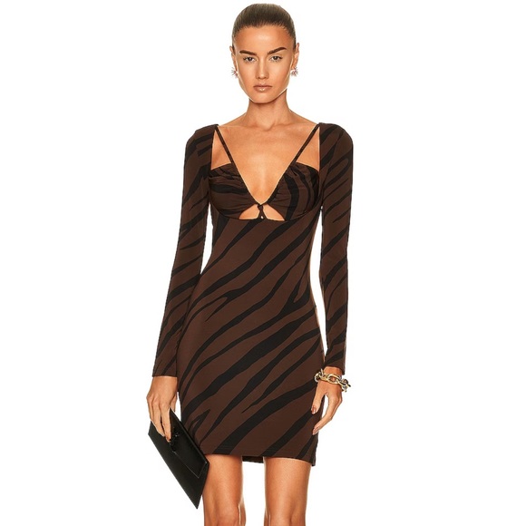 ET OCHS chocolate brown zebra print Aida gathered front mini dress NWT - Picture 1 of 6